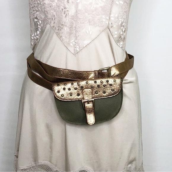 Heart moon star olive green with copper color block, canvas waist purse - Picture 3 of 13